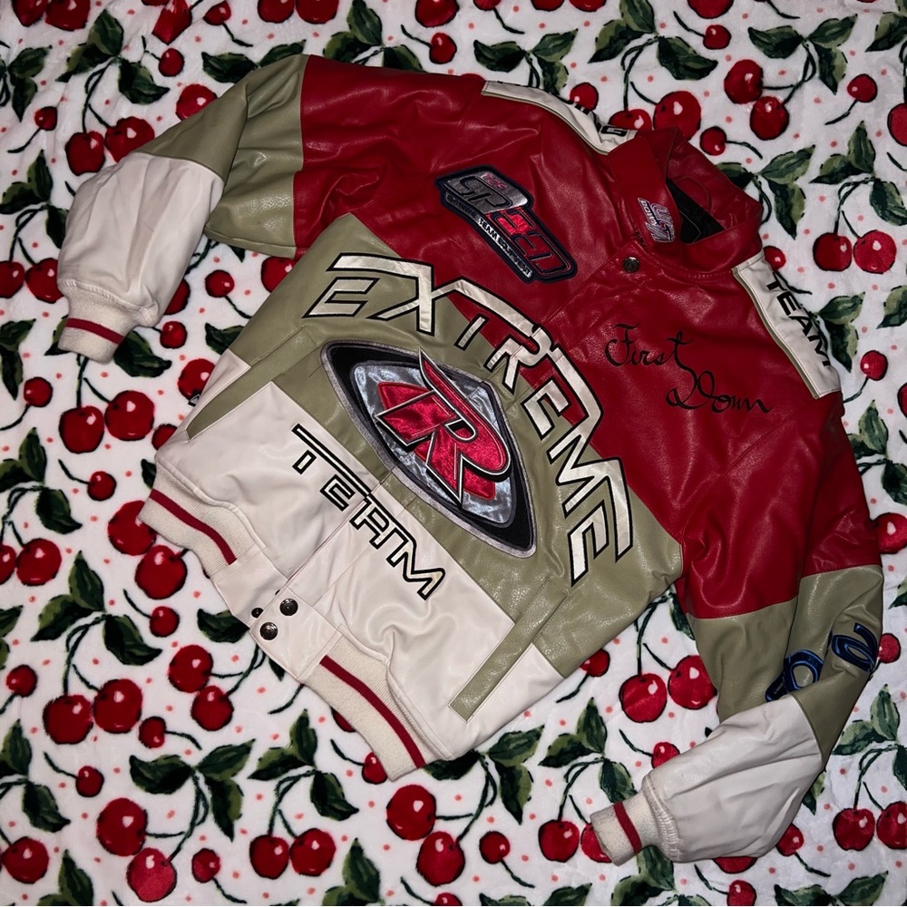 first down leather red tan and white oversized racing bomber jacket
